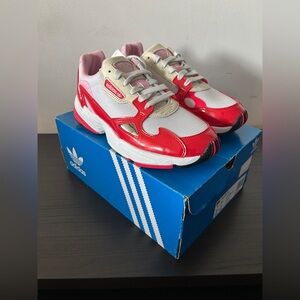 Adidas Red and White Falcon Sneakers